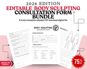May include: A 2026 edition editable body sculpting consultation form bundle in A-4 size. The digital PDF file includes sections for personal information, medical history, and a body analysis diagram with human silhouettes for professional use.