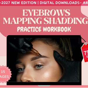 Pode incluir: Um laptop rosa exibe o rosto de uma mulher durante um procedimento cosmético. A tela mostra o texto "EYEBROWS MAPPING SHADDING PRACTICE WORKBOOK". Uma etiqueta vermelha indica um desconto de 75%. O caderno de exercícios tem 15 páginas.
