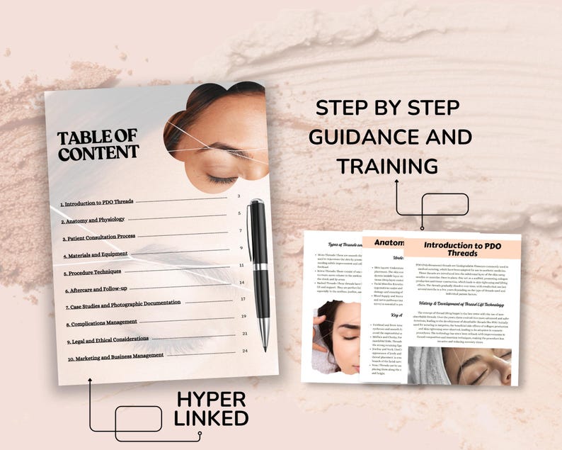 May include: A brochure with the title "TABLE OF CONTENT" and the text "STEP BY STEP GUIDANCE AND TRAINING". The brochure includes a pen and the words "HYPER LINKED". The brochure is about PDO Threads.