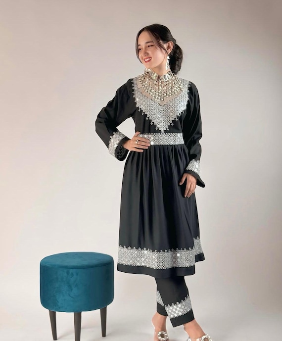 afghan dress black Handmade Afghan Dress Black Embroidered Traditional Outfit Women Black Color Dress