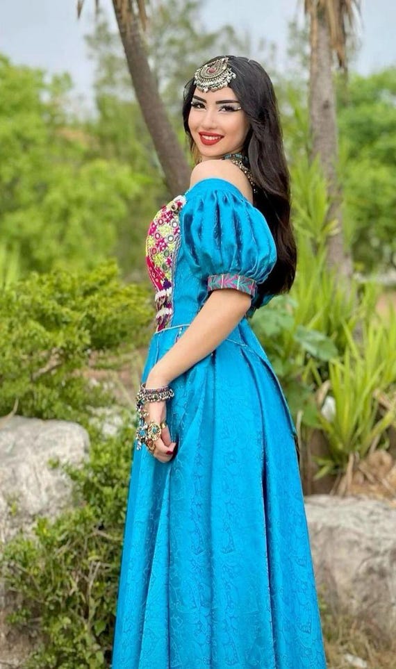 Embroidered Afghan Maxi Dress | Boho Puff Sleeve Gown