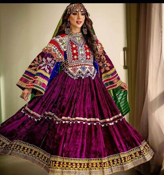 chinese dress ladies Vintage Traditional Balochi Hand-Embroidered Satin Dress. XS-M