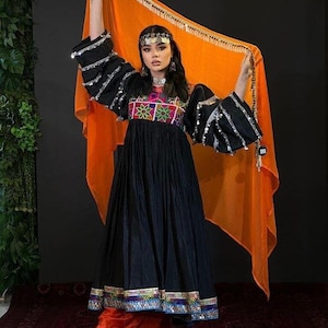 black dress with orange dupatta Orange Organza Printed Dupatta Dupatta Bazaar