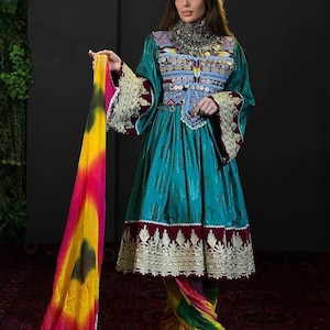 Afghan Dress with Multicolored Dupatta - Traditional Hand-Embroidered Kameez Shalwar