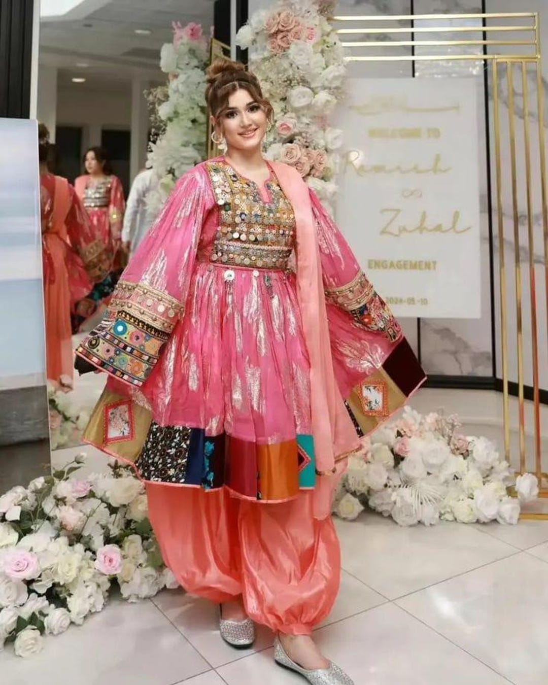 pink afghani dress AFGHAN DRESS, THREE Pieces kuchi long pink Dress With coins ,