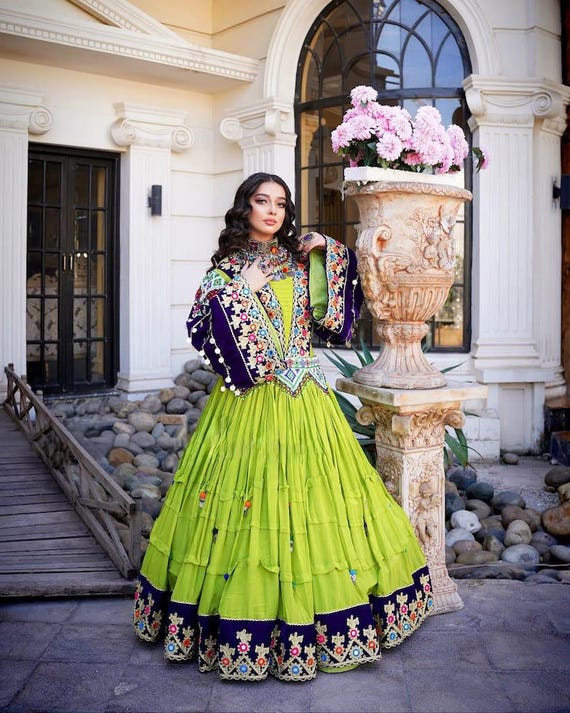 Lime Green Afghan Traditional Dress with Intricate Embroidery and Purple Accents Lime Green Afghan Traditional Dress with Intricate Embroidery and Purple Accents