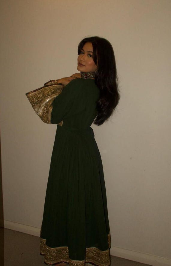 Afghan Green maxi Dress: Gold Embroidery, Traditional Formal Wear / wedding dress Afghan Green maxi Dress: Gold Embroidery, Traditional Formal Wear / wedding dress
