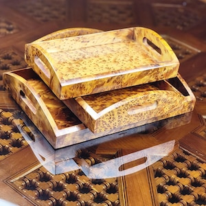 Handcrafted Moroccan Thuya Wood Trays - Luxury Serving Tray set with Handles - Rectangle Trays with Natural Scent for Home or Mother Gift