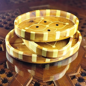 Luxury Thuya Wood Tray Set- Oval Moroccan Serving Trays with Inlaid Marquetry- Handcrafted Artisan Tray Set of 3 - Perfect for Decor or Gift