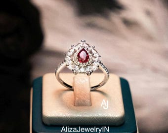 Pear Ruby Ring, 925 Sterling Silver Vintage Wedding Ring