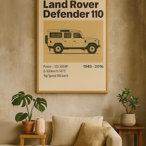 May include: Framed poster featuring a Land Rover Defender 110 illustration. The poster includes specifications: 122 HP, 0-160 km/h in 147'5, and a top speed of 145 km/h. The poster's text reads "1948-2016". The poster is displayed above a beige sofa.