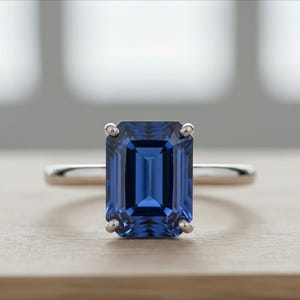 Anillo de zafiro azul con corte esmeralda - Anillo llamativo con corte escalonado rectangular - Anillo con piedra natal de septiembre - Joyería clásica con corte esmeralda