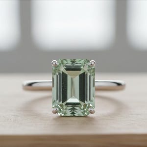 Light Green Amethyst Ring, Emerald Cut Prasiolite Ring, 925 Sterling Silver Rectangle Gemstone Ring, Mint Green Stone Ring, Delicate Jewelry
