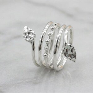 Silver Hammered Snake Wrap Ring-Coiled Silver Serpent Ring with Polished Beads-Bypass Style Animal Jewelry-Textured Bypass Ring-Gift for Her