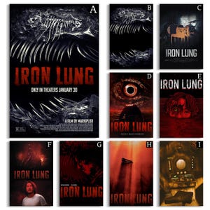Op de afbeelding: Een verzameling filmposters voor "Iron Lung". De posters tonen verschillende donkere en onheilspellende ontwerpen, waaronder skeletstructuren, een groot oog en een persoon ondergedompeld in rood water. De filmtitel staat prominent op elke poster.