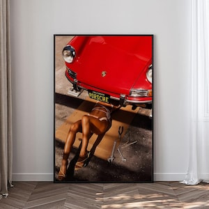 Vintage-Porsche-Druck, Retro-Autoposter, lustiges Katzenposter, hochauflösendes Leinwandposter, Sammlerstücke für Filmfans, Geschenkposter, rahmenlos.