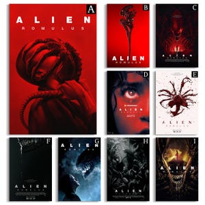 Puede incluir: Una colección de nueve carteles de la película "Alien: Romulus". Los carteles presentan varios diseños, incluyendo una imagen en tonos rojos de una criatura, un primer plano de un ojo y una representación de una criatura alienígena. El título de la película se muestra en cada cartel.