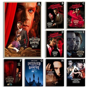 Op de afbeelding: Een verzameling van negen filmposters voor "Interview with the Vampire". De posters tonen verschillende acteurs en actrices, met tekst in het Engels en Frans. De posters hebben een donker, gotisch thema, met afbeeldingen van vampiers en dramatische belichting.
