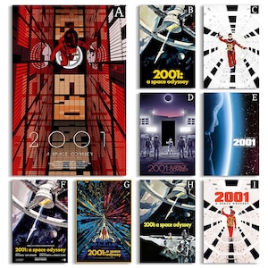 以下が含まれることがあります： 映画「2001年宇宙の旅」の映画ポスターのコレクション。ポスターには、宇宙飛行士、宇宙ステーション、抽象的なデザインなど、さまざまなシーンが描かれています。カラーパレットには、赤、青、白が含まれています。