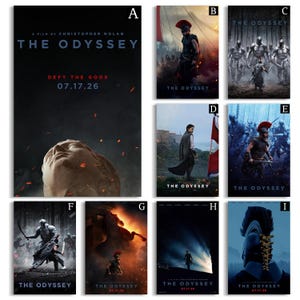 Op de afbeelding: Een verzameling van negen filmposters getiteld The Odyssey, met diverse filmische scènes van krijgers in harnas, antieke beelden en slagvelden met donkere, dramatische belichting, rode accenten en de datum 17.07.26 erop gedrukt.