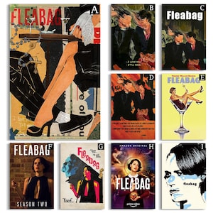May include: A collection of nine art prints featuring the title "Fleabag". The prints showcase various artistic styles, including collages, illustrations, and graphic designs. The color palette includes black, white, red, and yellow.