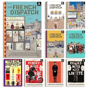 May include: A collection of movie posters for "The French Dispatch" film. The posters feature various designs, including illustrations of characters, cityscapes, and the film's title. The color palette includes red, blue, yellow, and white.