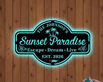 Letrero metálico personalizado para piscina en el patio trasero con luz LED, decoración de pared para exteriores, letrero personalizado para piscina, letrero de oasis para patio, decoración de patio, regalo para él