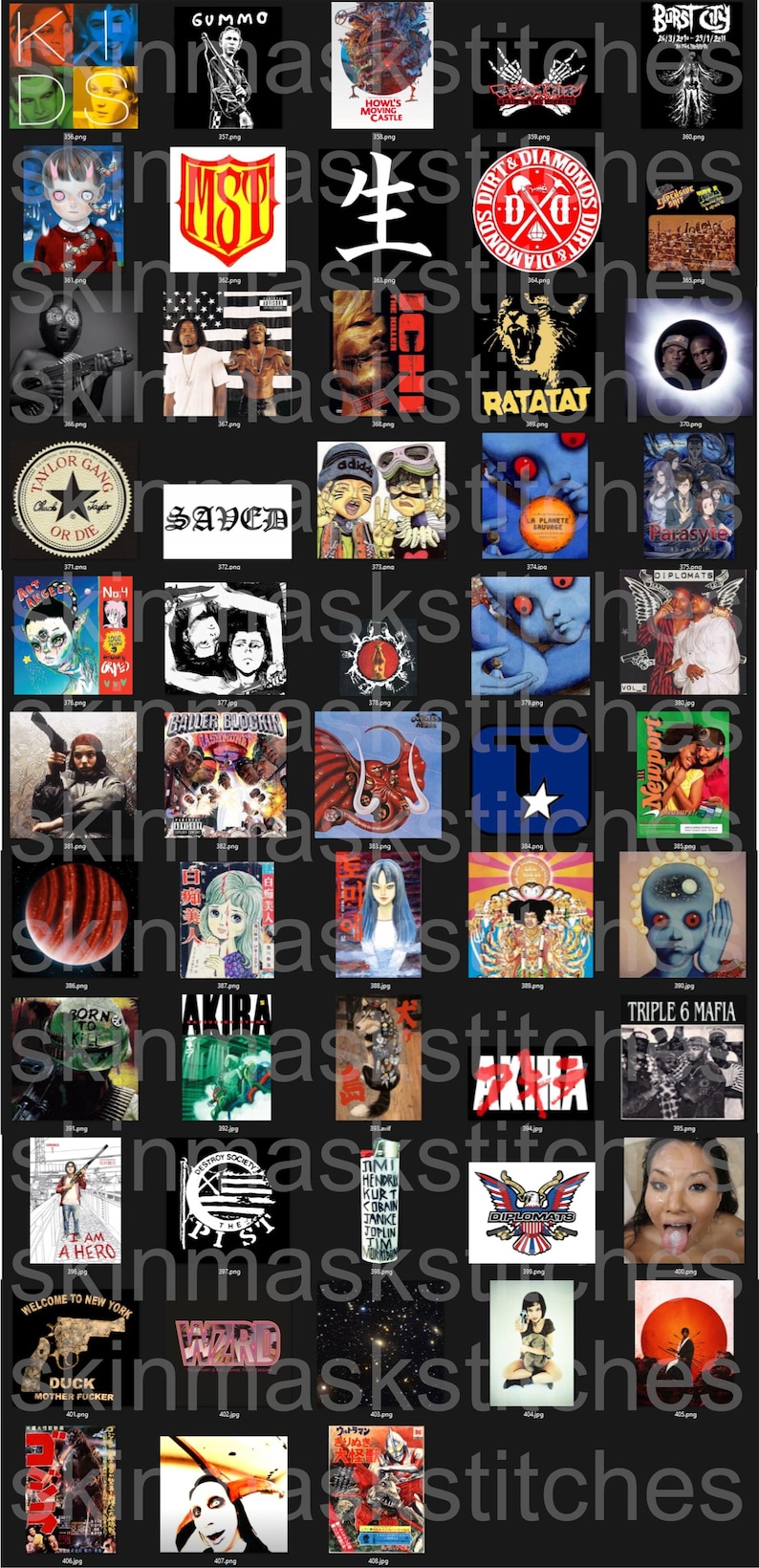 Pu&ograve; includere: Un collage di varie copertine di album e opere d'arte, con diversi stili e temi. Le immagini includono loghi di band, illustrazioni e fotografie, che mostrano una gamma di espressioni artistiche e generi musicali.