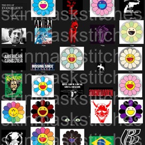 Pu&ograve; includere: Una collezione di vari design grafici, tra cui facce a forma di fiore, testo e loghi. I design presentano una gamma di colori e stili, alcuni con testo come "The Godfather" e "AKIRA".