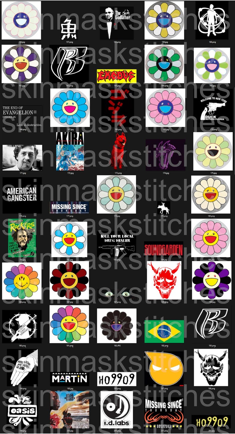 Pu&ograve; includere: Una collezione di vari design grafici, tra cui facce a forma di fiore, testo e loghi. I design presentano una gamma di colori e stili, alcuni con testo come "The Godfather" e "AKIRA".