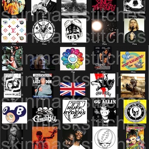 Pu&ograve; includere: Una collezione di vari design grafici e illustrazioni, tra cui loghi di band, ritratti e riferimenti alla cultura pop. Le immagini sono diverse nello stile, con design a colori e in bianco e nero.