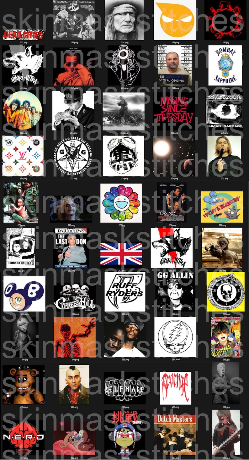 Pu&ograve; includere: Una collezione di vari design grafici e illustrazioni, tra cui loghi di band, ritratti e riferimenti alla cultura pop. Le immagini sono diverse nello stile, con design a colori e in bianco e nero.