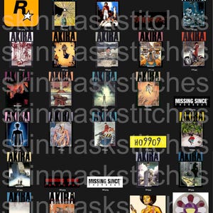Pu&ograve; includere: Una collezione di stampe d'arte digitale con vari disegni e illustrazioni. Le stampe presentano diversi temi, tra cui opere d'arte in stile anime con la parola "AKIRA", un logo Rockstar Games e altri disegni grafici. Le immagini sono visualizzate su sfondo nero.