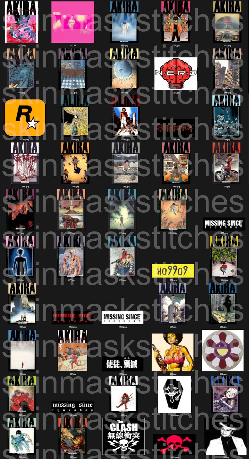 Pu&ograve; includere: Una collezione di stampe d'arte digitale con vari disegni e illustrazioni. Le stampe presentano diversi temi, tra cui opere d'arte in stile anime con la parola "AKIRA", un logo Rockstar Games e altri disegni grafici. Le immagini sono visualizzate su sfondo nero.
