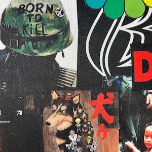 Pu&ograve; includere: Un collage di immagini su sfondo nero. &Egrave; visibile un elmetto militare verde con la scritta "BORN TO KILL". Altre immagini includono un cane, testo giapponese e un fiore colorato.