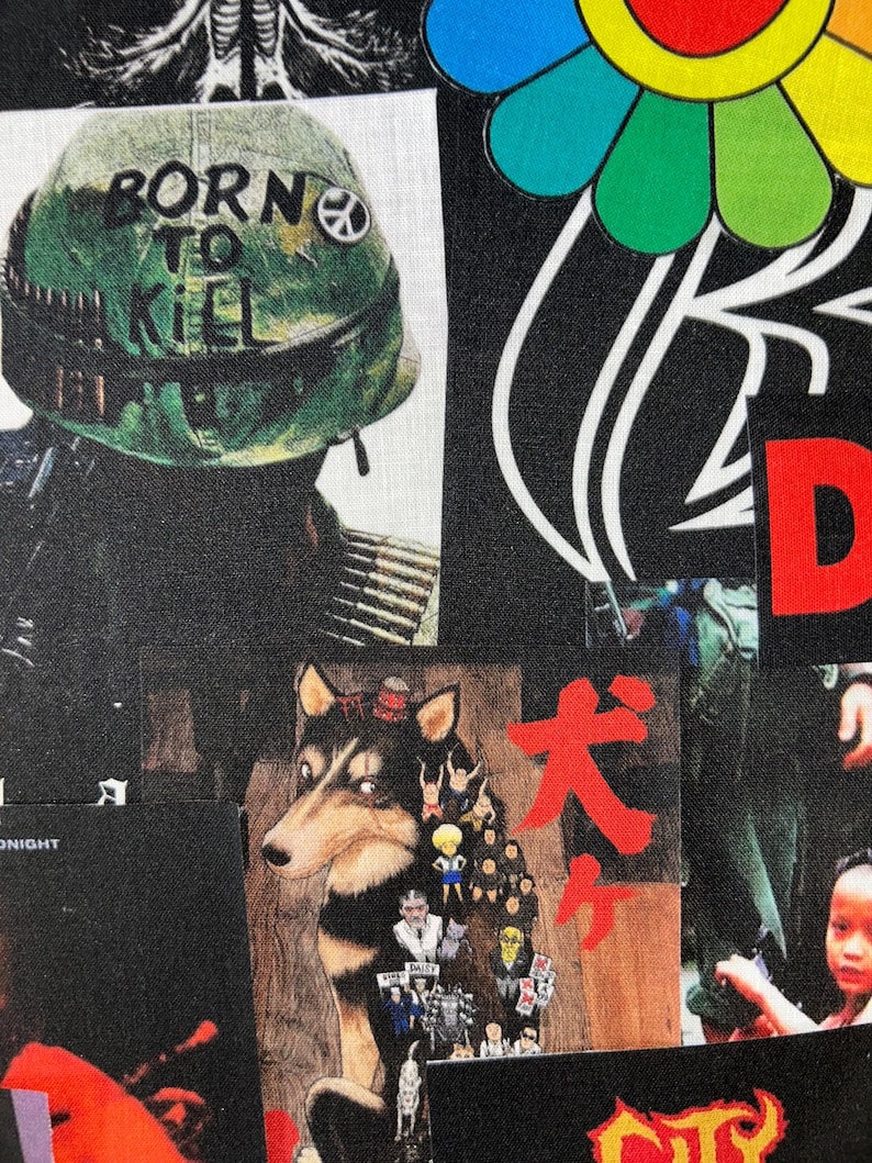 Pu&ograve; includere: Un collage di immagini su sfondo nero. &Egrave; visibile un elmetto militare verde con la scritta "BORN TO KILL". Altre immagini includono un cane, testo giapponese e un fiore colorato.