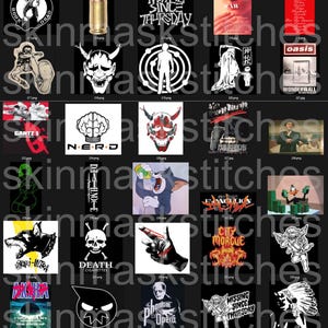 Pu&ograve; includere: Una collezione di vari design grafici e illustrazioni, tra cui loghi, manifesti cinematografici e personaggi dei cartoni animati. Le immagini presentano testo, come "The Clash", "Missing Since Thursday" e "GANTZ 1."