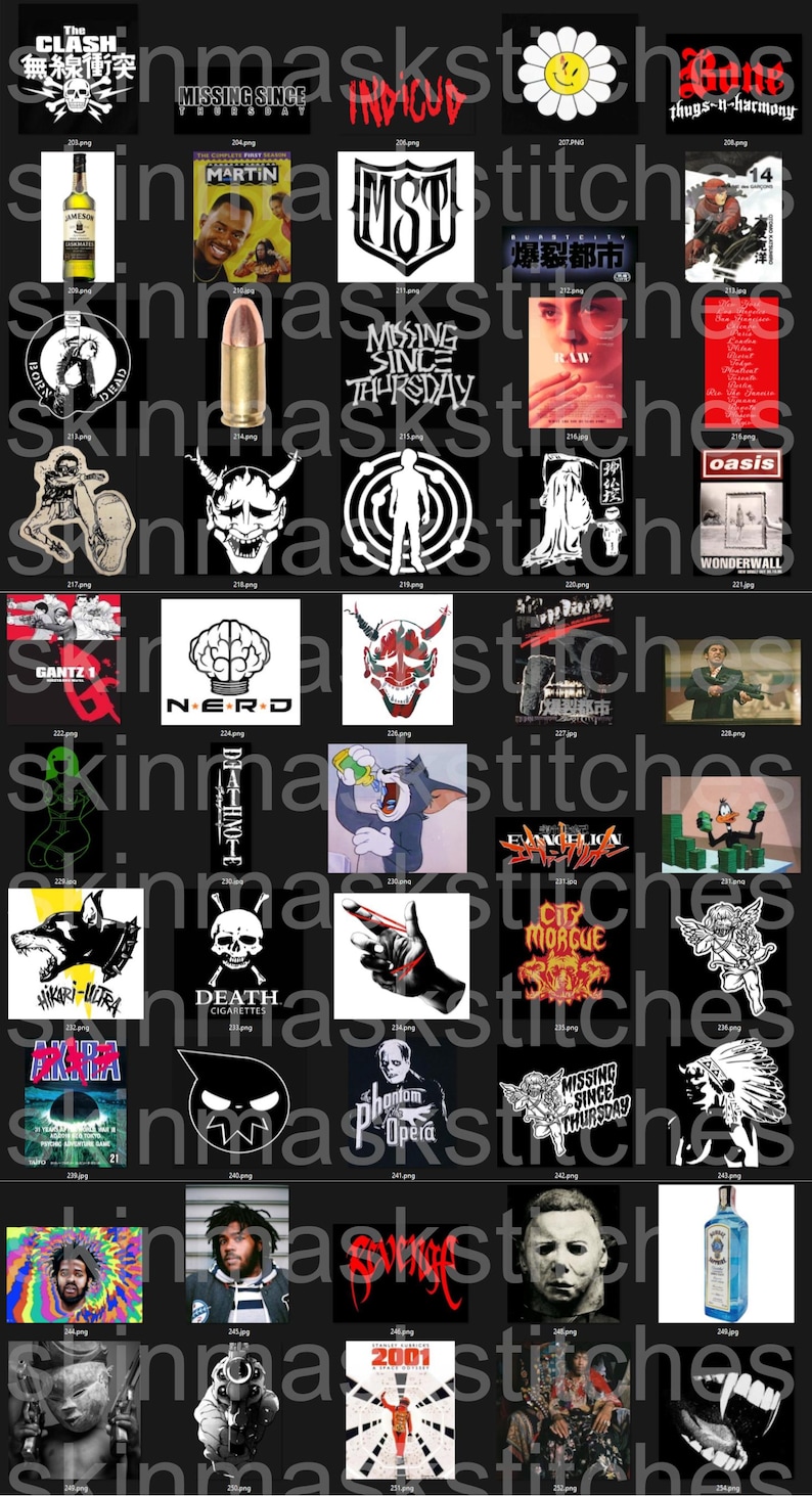 Pu&ograve; includere: Una collezione di vari design grafici e illustrazioni, tra cui loghi, manifesti cinematografici e personaggi dei cartoni animati. Le immagini presentano testo, come "The Clash", "Missing Since Thursday" e "GANTZ 1."