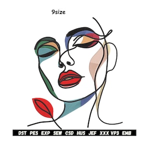 May include: An embroidered design of a woman's face in a minimalist style. The face is outlined in black thread, with red lips and colorful accents in the eyes and cheek. The text "9size" is above the face, and a list of file formats is below.