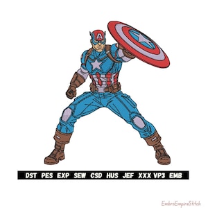 May include: An embroidered image of Captain America in a dynamic pose, holding his shield. The character is in a blue and red costume with a white star on his chest. The shield is red, white, and blue with a white star. Text is included at the bottom of the image.