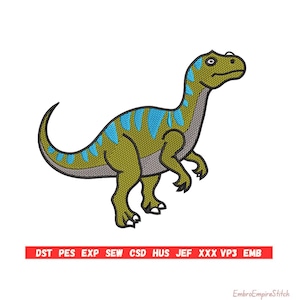 May include: An embroidered dinosaur design in shades of green, blue, and gray, set against a white background. The dinosaur has a long neck and tail, with blue markings. The image includes text at the bottom.