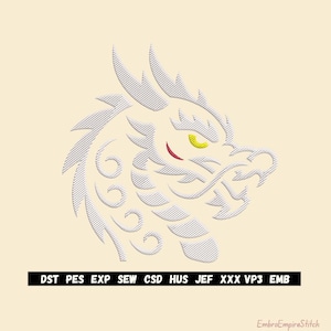 Puede incluir: Diseño de bordado de cabeza de dragón blanco con ojos amarillos y boca roja. El diseño está sobre un fondo beige claro. El texto "DST PES EXP SEW CSD HUS JEF XXX VP3 EMB" está en la parte inferior.