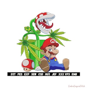 Może przedstawiać: Cyfrowa ilustracja przedstawiająca postać z kreskówki w czerwonej czapce i niebieskim kombinezonie, palącą papierosa. Obecny jest również czerwono-biały grzyb i zielona rura z rośliną. Tekst "DST PES EXP SEW CSD HUS JEF XXX VP3 EMB" znajduje się na dole.