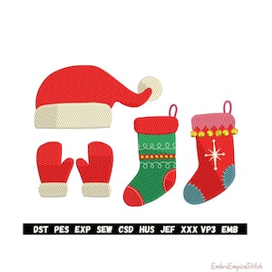May include: A collection of Christmas-themed embroidery designs. Includes a red Santa hat, red mittens, and two Christmas stockings. One stocking is green with gold accents, and the other is red with a white star and gold bells. The designs are for embroidery machines.