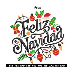 May include: A festive design with the words "Feliz Navidad" in black script, surrounded by Christmas ornaments, lights, and holly. The design includes a Santa hat, gift box, and red and gold ornaments. The text "9size" is at the top.