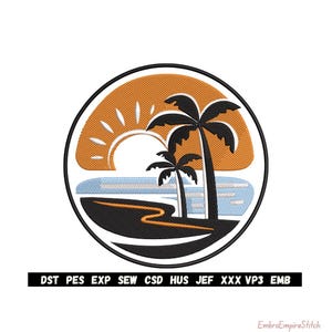 以下が含まれることがあります： 熱帯のビーチシーンを描いた円形の刺繍パッチ。ヤシの木、夕日、海の波が黒い縁取りの中に描かれています。パッチの下部には「DST PES EXP SEW CSD HUS JEF XXX VP3 EMB」というテキストがあります。