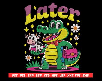 ワニの「また後でね」Tシャツの刺繍デザイン：面白い動物のPESファイル