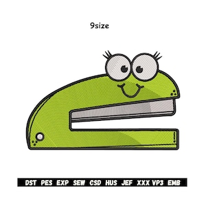 May include: A green stapler with a cartoon face, featuring large eyes and a smiling mouth. The text "9size" is above the stapler. Below the stapler are the abbreviations "DST PES EXP SEW CSD HUS JEF XXX VP3 EMB".