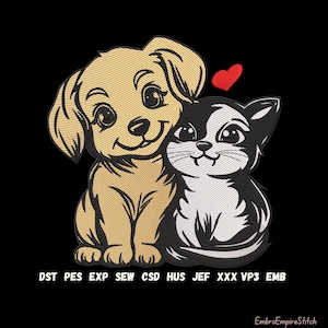 May include: An embroidered design of a smiling puppy and a kitten embracing, with a red heart above. The puppy is tan, and the kitten is black and white. The design includes the text "DST PES EXP SEW CSD HUS JEF XXX VP3 EMB".