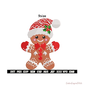 May include: A gingerbread man design with a Santa hat, bow tie, and decorative details. The design includes the text "9size" and various embroidery file formats.